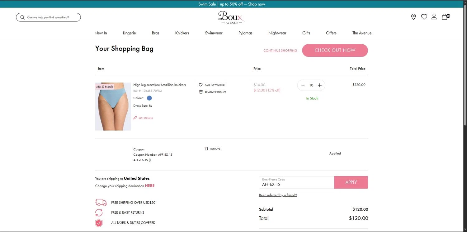 Boux Avenue discount code screenshot showing code AFF-EX-15 applied at Boux Avenue checkout page. Uploaded by SimplyCodes community member Depressive on Aug 3, 2025