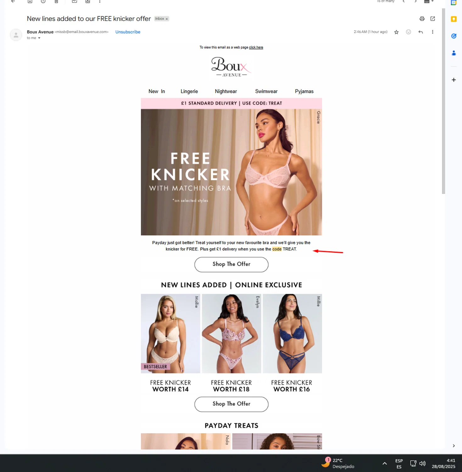Boux Avenue discount code screenshot showing code TREAT applied at Boux Avenue checkout page. Uploaded by SimplyCodes community member UnkNownVnzla on Aug 28, 2025