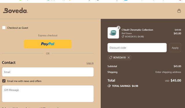 Boveda Store checkout page showing Boveda Store promo code box | Screenshot taken by SimplyCodes community member on Sep 8, 2025