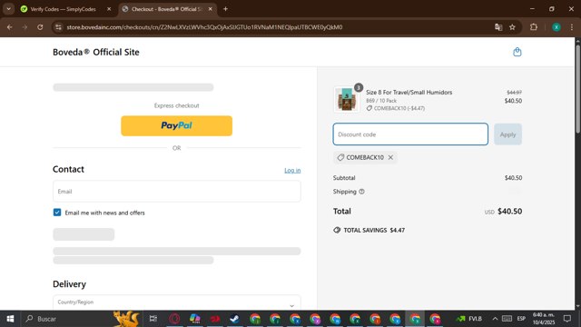 Boveda checkout page showing Boveda discount code box | Screenshot taken by SimplyCodes community member on Apr 10, 2025