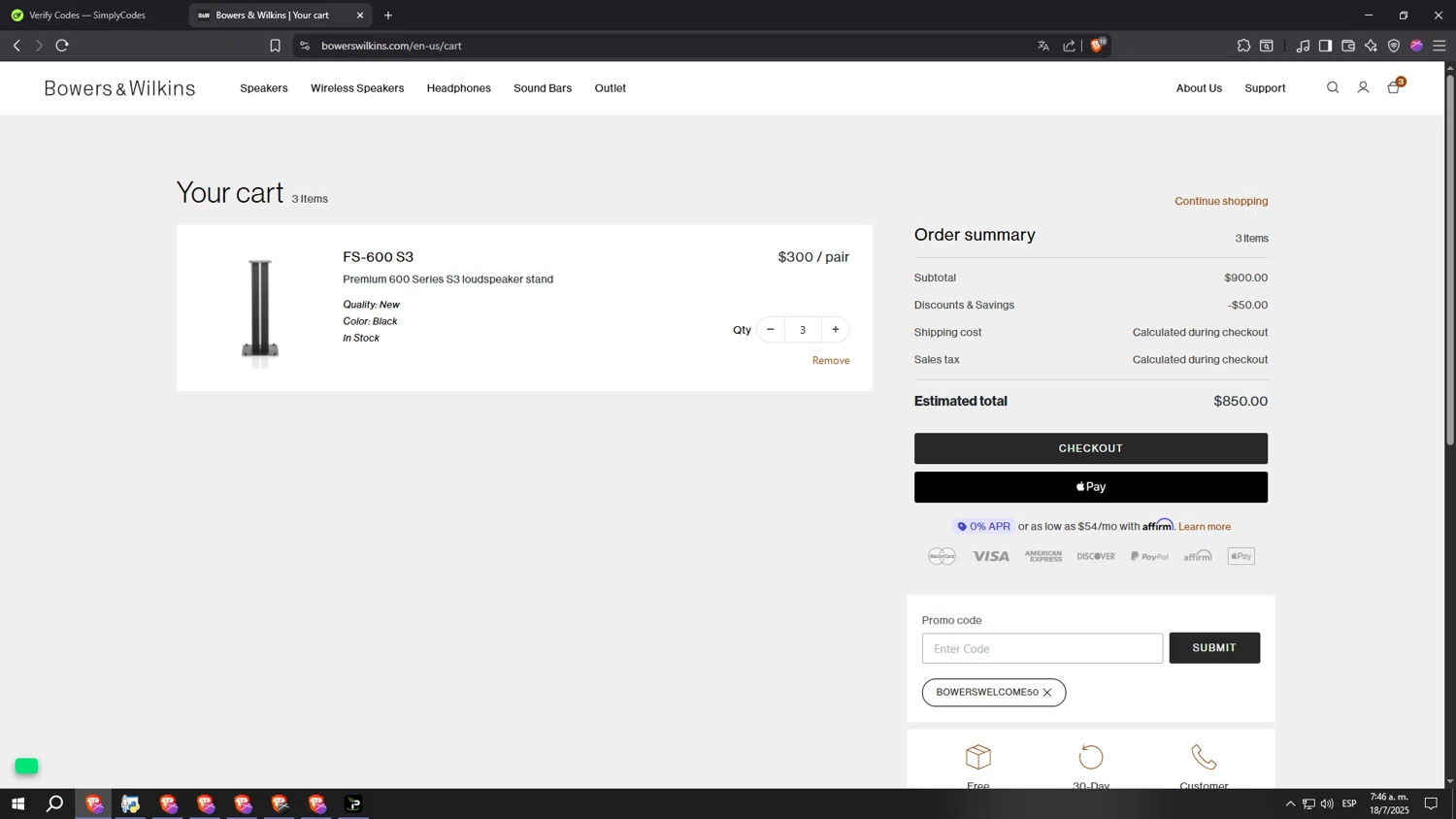 Bowers & Wilkins promo code screenshot showing code BOWERSWELCOME50 applied at Bowers & Wilkins checkout page. Uploaded by SimplyCodes community member aaaaaaaaaaaaaaaaaaaaa on Jul 18, 2025