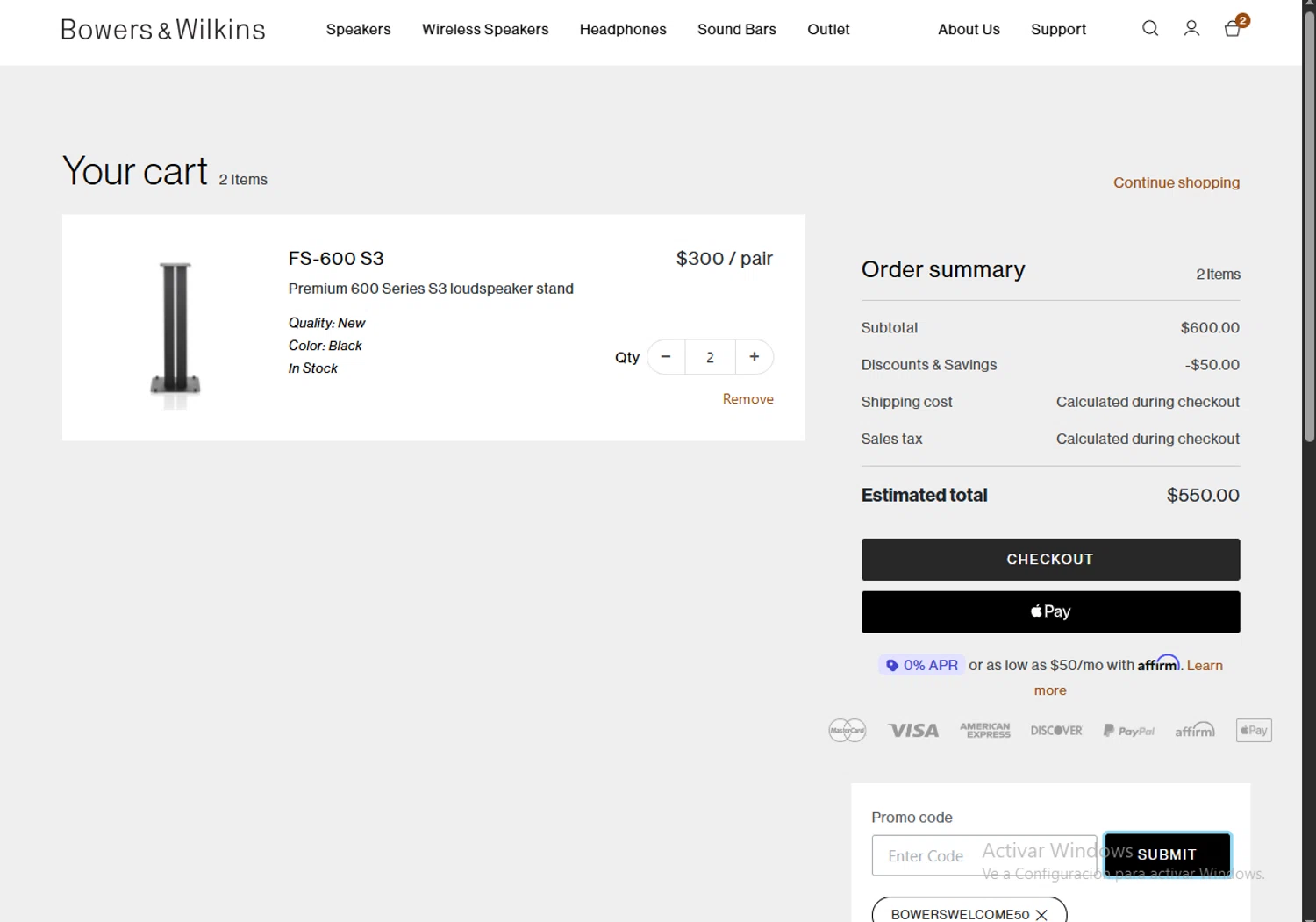Bowers & Wilkins promo code screenshot showing code BOWERSWELCOME50 applied at Bowers & Wilkins checkout page. Uploaded by SimplyCodes community member MagnificentBoss8201 on Aug 9, 2025