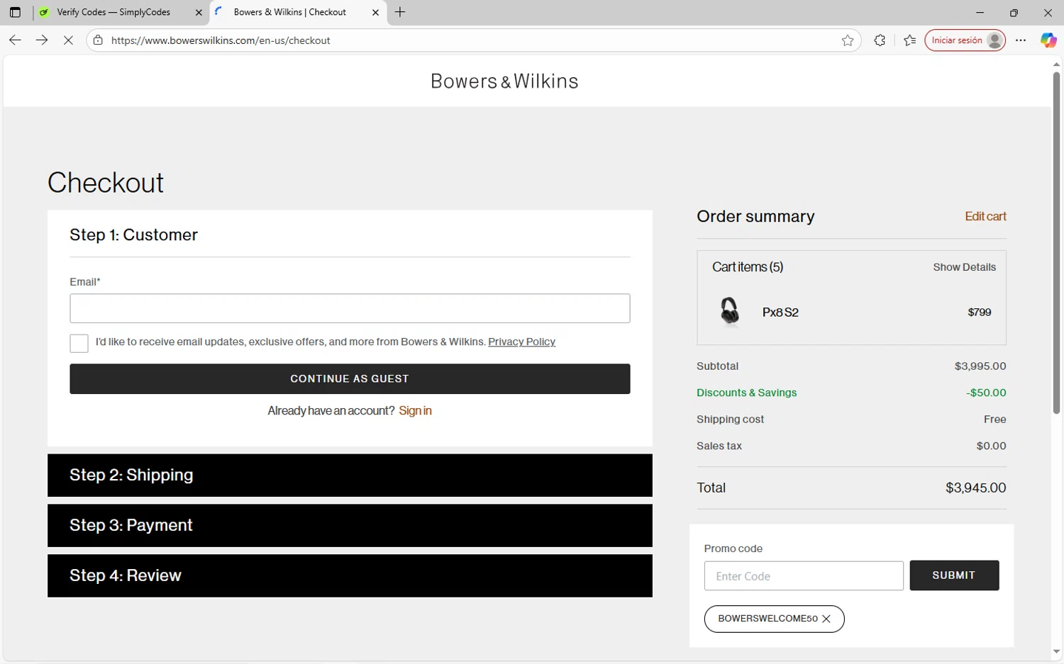 Bowers & Wilkins promo code screenshot showing code BOWERSWELCOME50 applied at Bowers & Wilkins checkout page. Uploaded by SimplyCodes community member SavvyWizard7346 on Oct 3, 2025