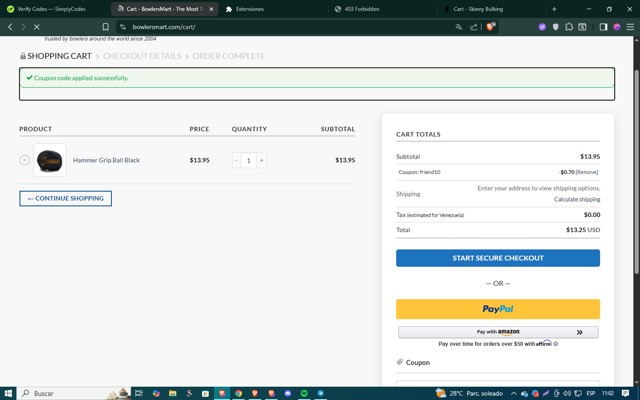 BowlersMart.com checkout page showing BowlersMart.com coupon code box | Screenshot taken by SimplyCodes community member on Jul 24, 2025