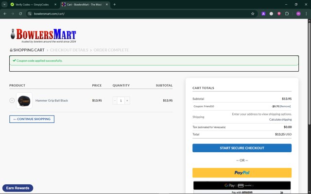 BowlersMart.com checkout page showing BowlersMart.com coupon code box | Screenshot taken by SimplyCodes community member on Jul 24, 2025