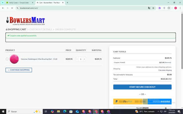 BowlersMart.com checkout page showing BowlersMart.com coupon code box | Screenshot taken by SimplyCodes community member on Aug 22, 2025