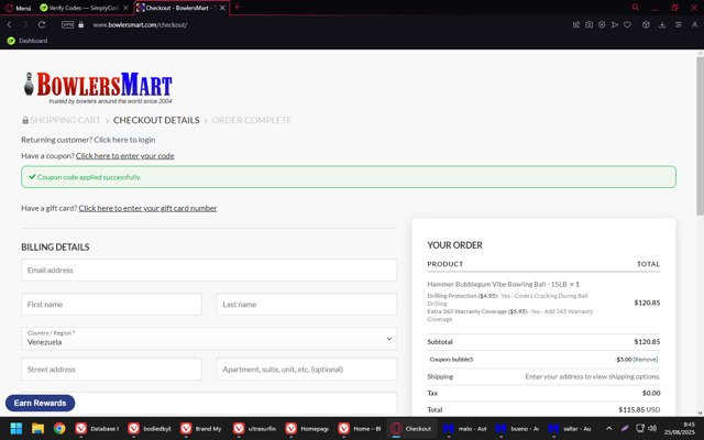 BowlersMart.com checkout page showing BowlersMart.com coupon code box | Screenshot taken by SimplyCodes community member on Aug 25, 2025