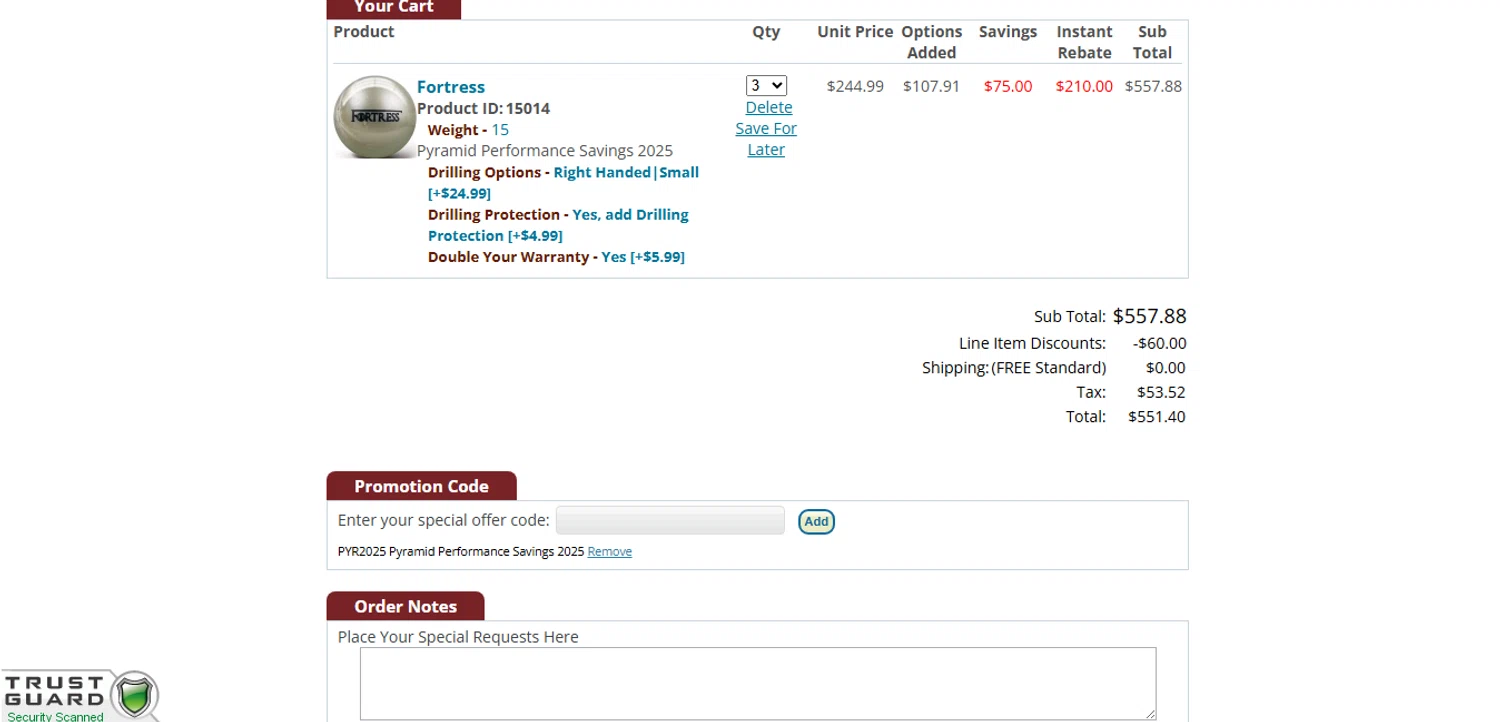 Bowlingball.com coupon code screenshot showing code PYR2025 applied at Bowlingball.com checkout page. Uploaded by SimplyCodes community member MagnificentCurator5441 on Sep 12, 2025