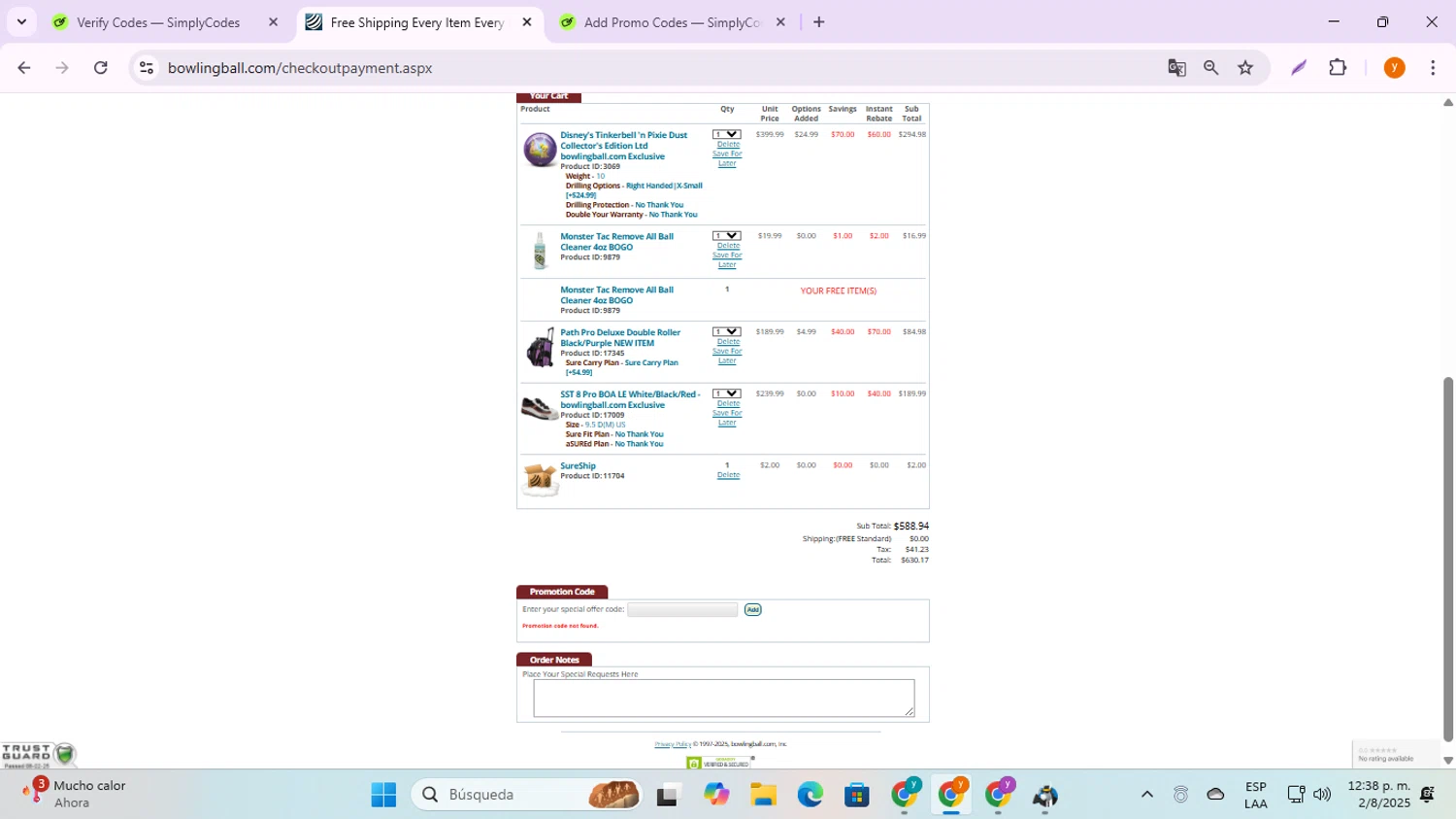 Bowlingball.com coupon code screenshot showing code BOGO applied at Bowlingball.com checkout page. Uploaded by SimplyCodes community member ycg487 on Aug 2, 2025