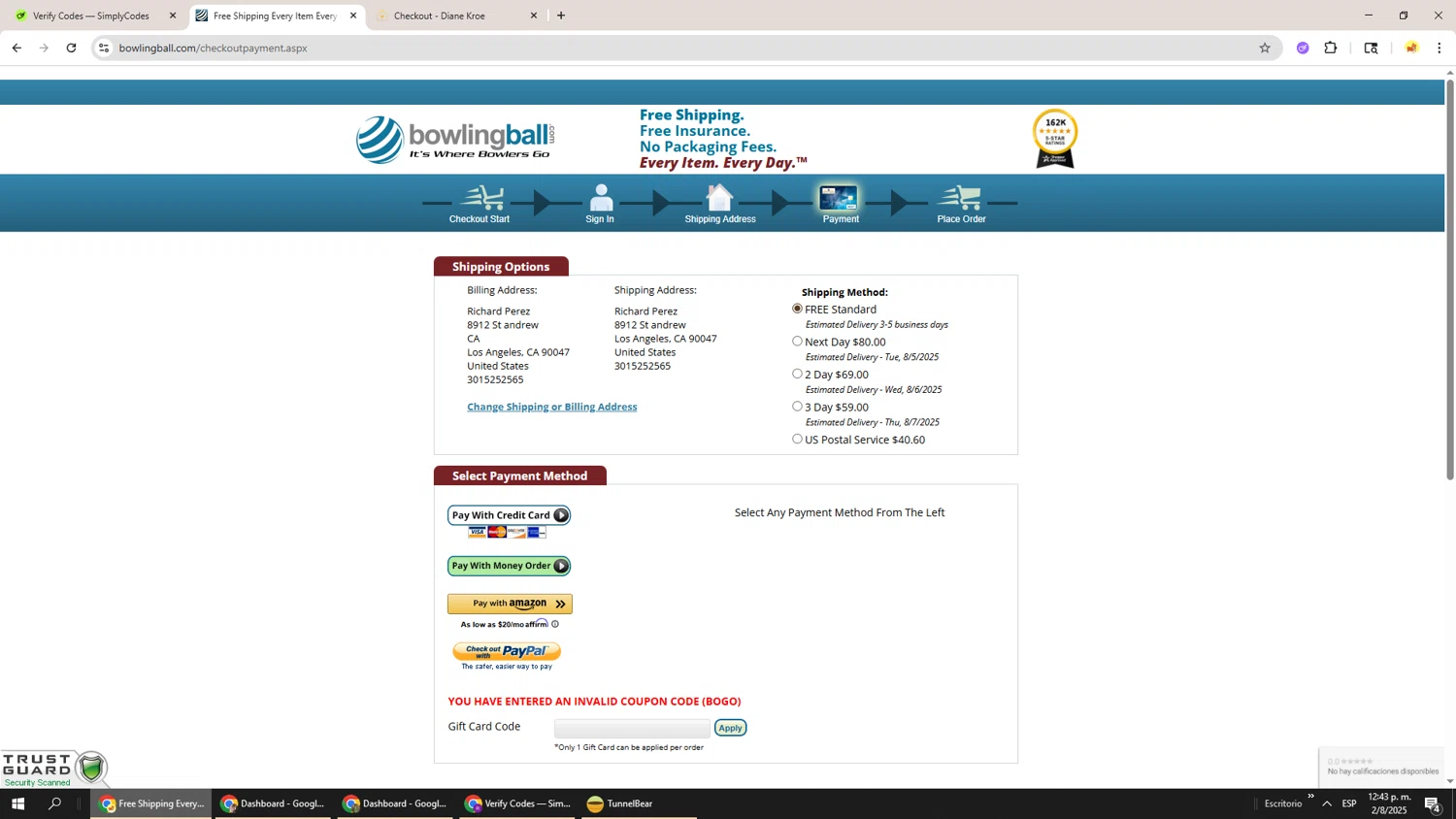 Bowlingball.com coupon code screenshot showing code BOGO applied at Bowlingball.com checkout page. Uploaded by SimplyCodes community member Richard251 on Aug 2, 2025