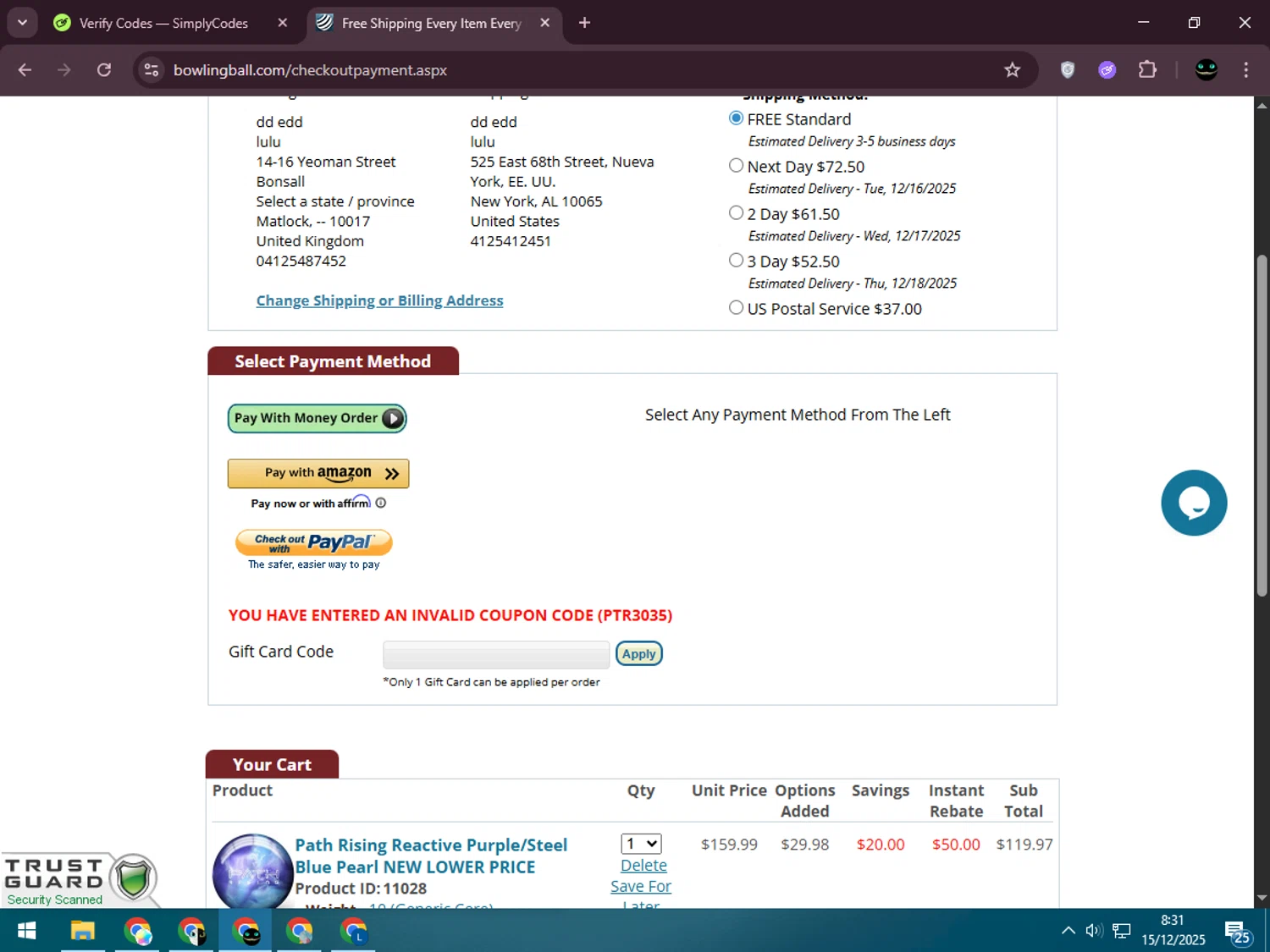 Bowlingball.com coupon code screenshot showing code PTR3035 applied at Bowlingball.com checkout page. Uploaded by SimplyCodes community member BargainWizard5755 on Dec 15, 2025