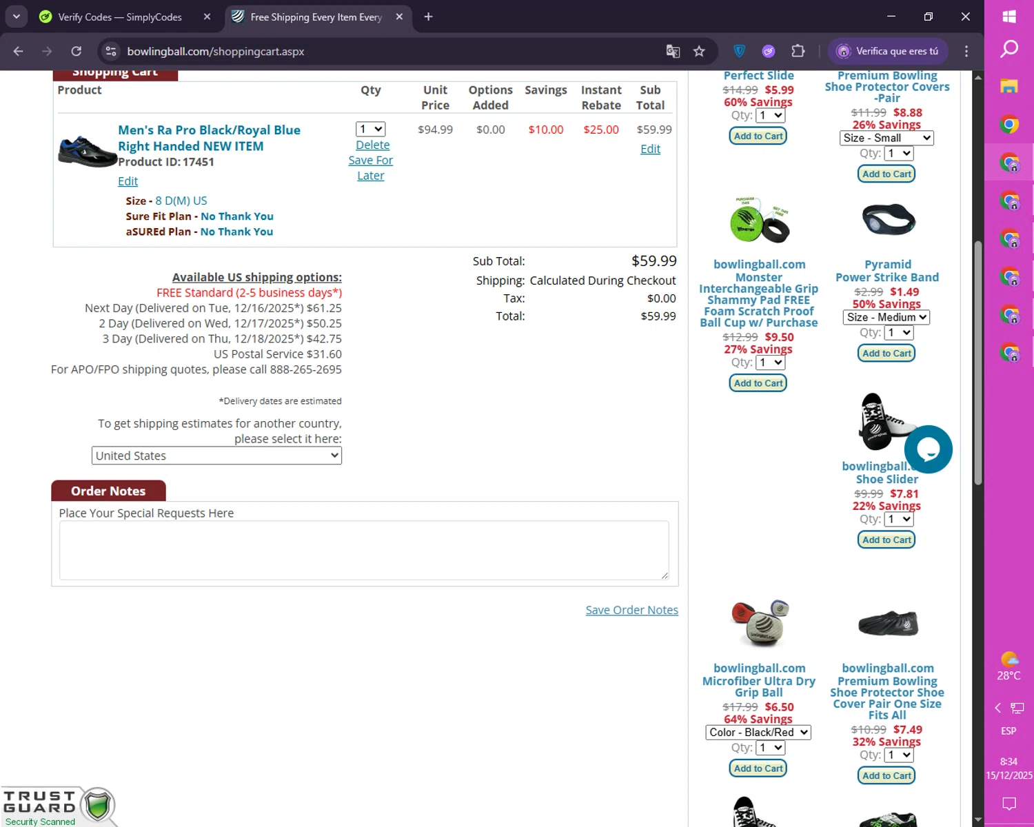 Bowlingball.com checkout page showing Bowlingball.com coupon code box | Screenshot taken by SimplyCodes community member on Dec 15, 2025
