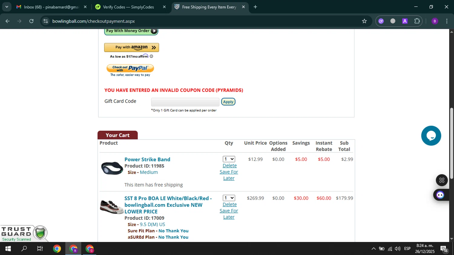 Bowlingball.com coupon code screenshot showing code PYRAMID5 applied at Bowlingball.com checkout page. Uploaded by SimplyCodes community member GoldCurator7936 on Dec 26, 2025