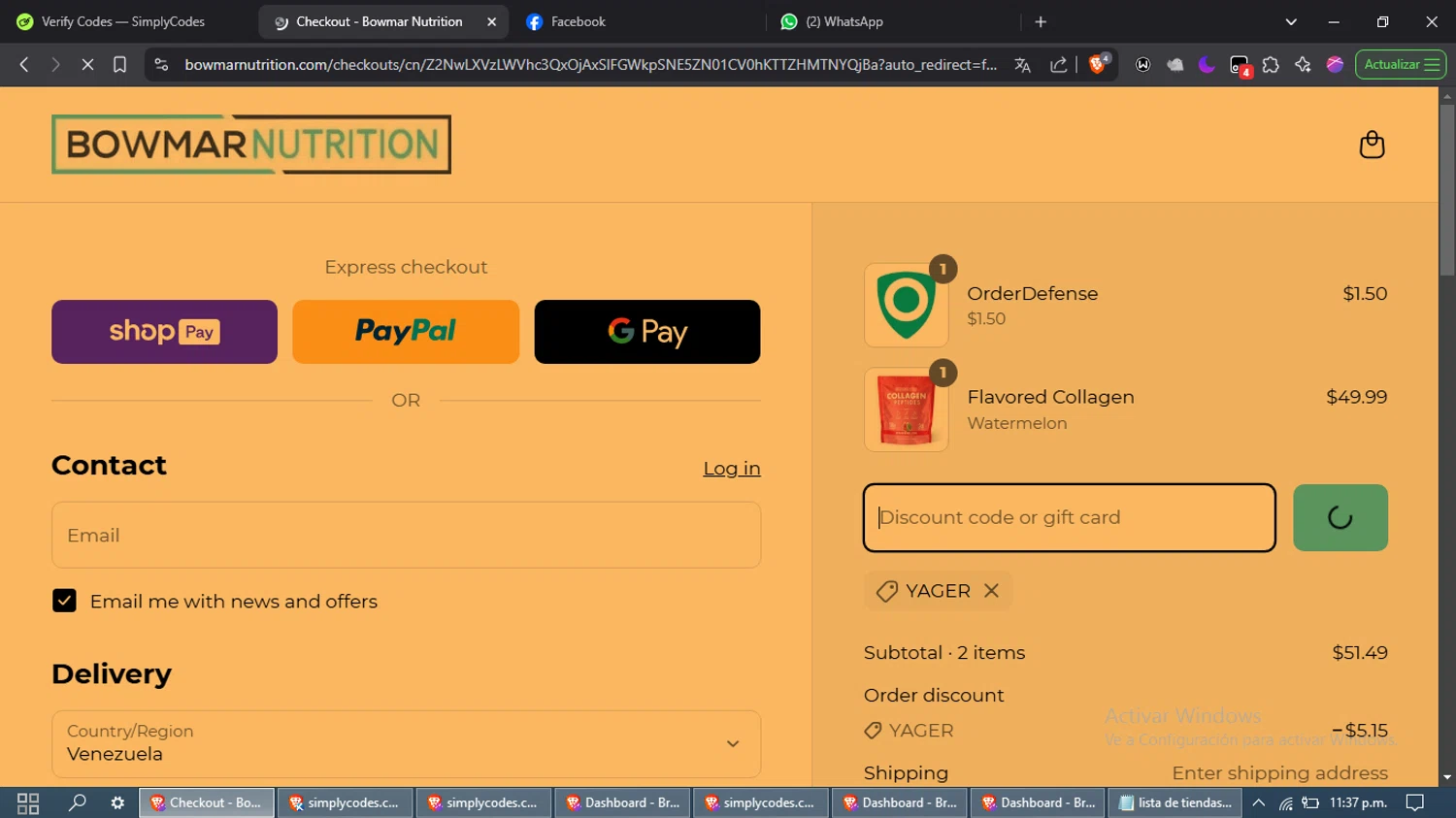 Bowmar Nutrition discount code screenshot showing code YAGER applied at Bowmar Nutrition checkout page. Uploaded by SimplyCodes community member laleyjose on Mar 29, 2025