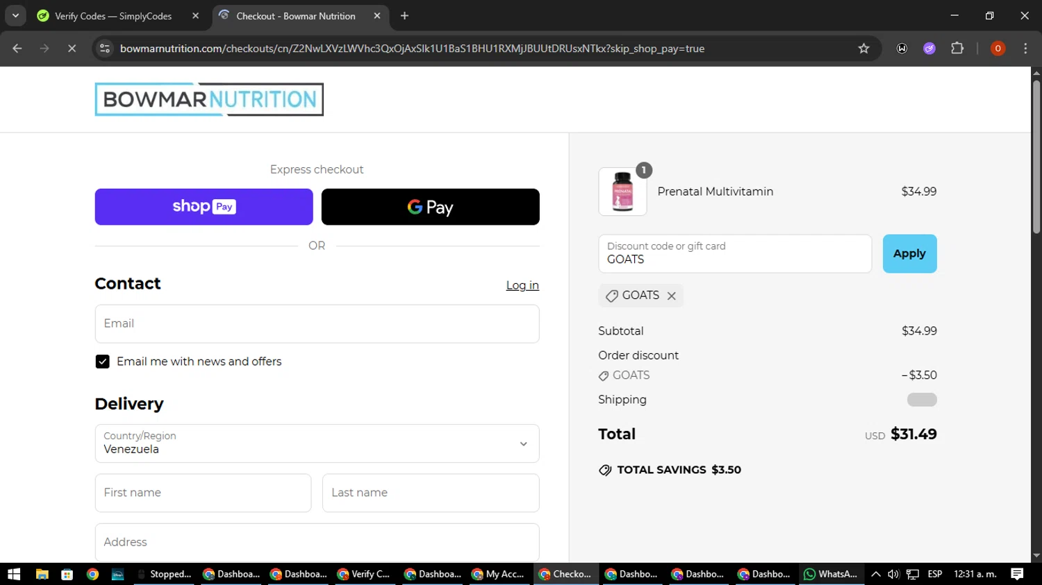 Bowmar Nutrition discount code screenshot showing code GOATS applied at Bowmar Nutrition checkout page. Uploaded by SimplyCodes community member CleverSpotter3730 on Jun 20, 2025
