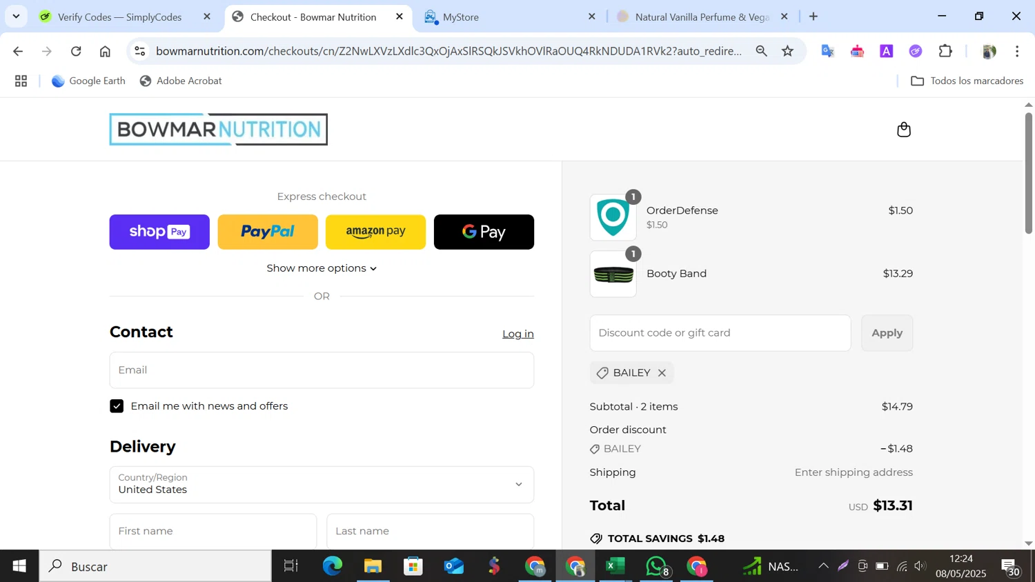 Bowmar Nutrition discount code screenshot showing code BAILEY applied at Bowmar Nutrition checkout page. Uploaded by SimplyCodes community member NobleMonarch5837 on May 8, 2025