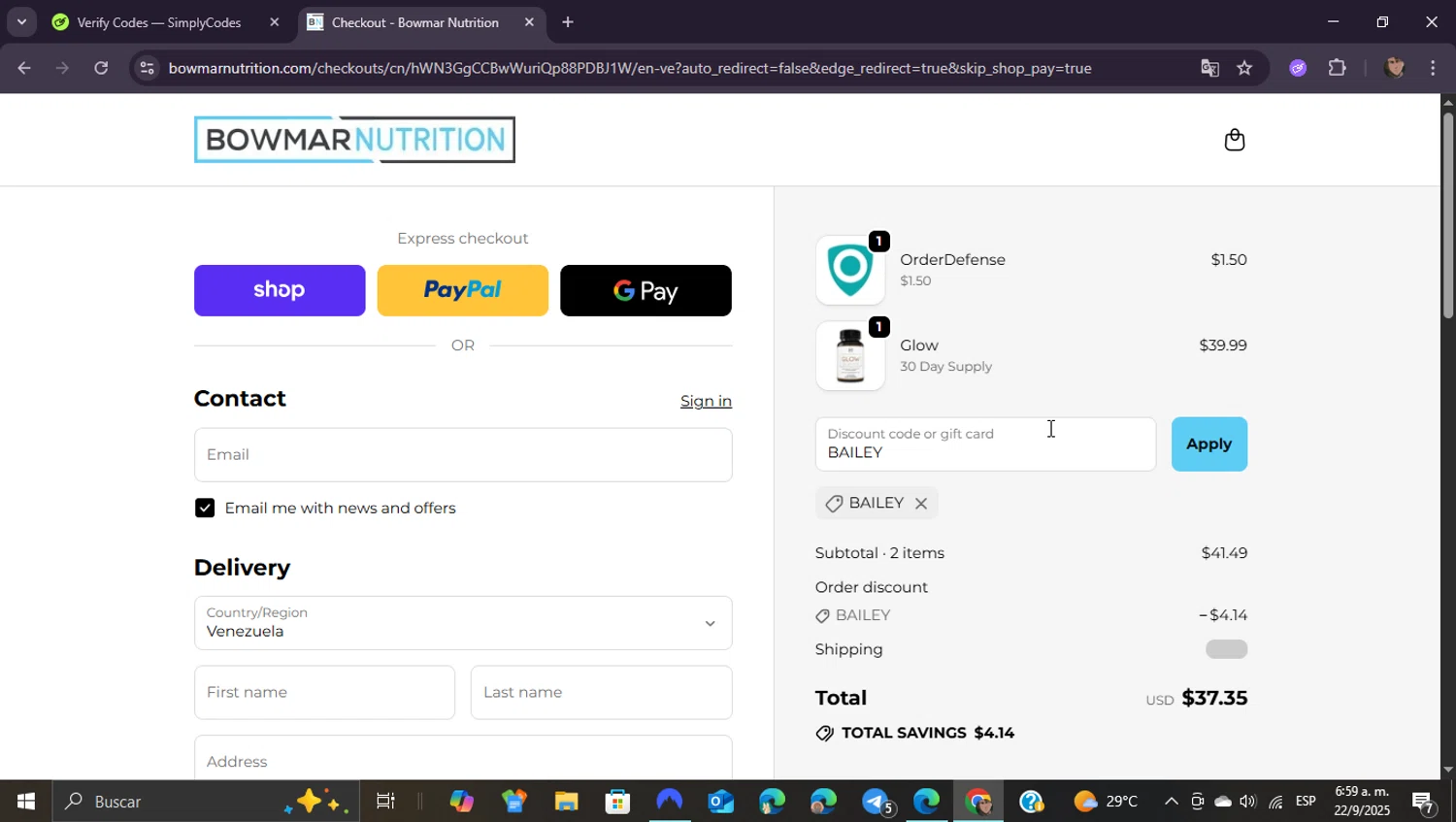 Bowmar Nutrition discount code screenshot showing code BAILEY applied at Bowmar Nutrition checkout page. Uploaded by SimplyCodes community member ShieldEagle9436 on Sep 22, 2025
