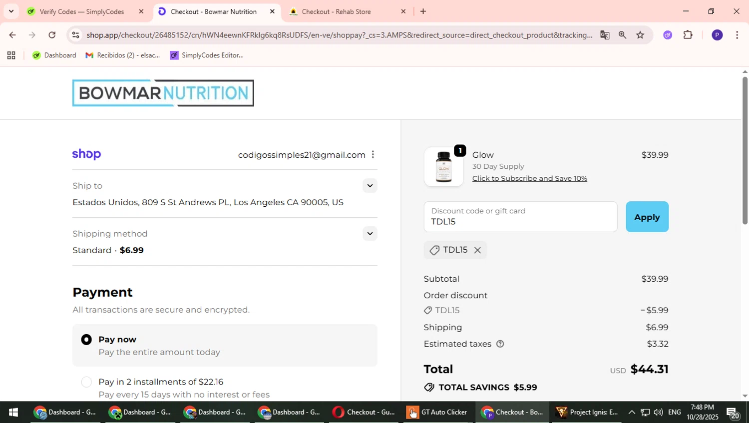 Bowmar Nutrition discount code screenshot showing code TDL15 applied at Bowmar Nutrition checkout page. Uploaded by SimplyCodes community member Suicune on Oct 28, 2025