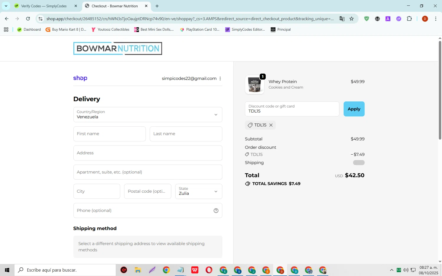 Bowmar Nutrition discount code screenshot showing code TDL15 applied at Bowmar Nutrition checkout page. Uploaded by SimplyCodes community member SaleSaver3540 on Oct 8, 2025