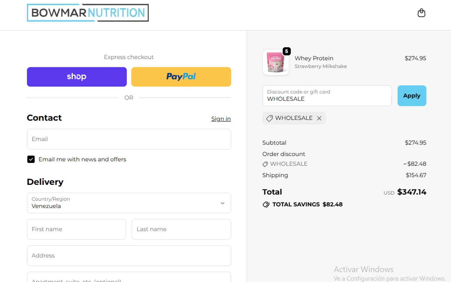 Bowmar Nutrition discount code screenshot showing code WHOLESALE applied at Bowmar Nutrition checkout page. Uploaded by SimplyCodes community member BudgetGuardian5712 on Dec 19, 2025