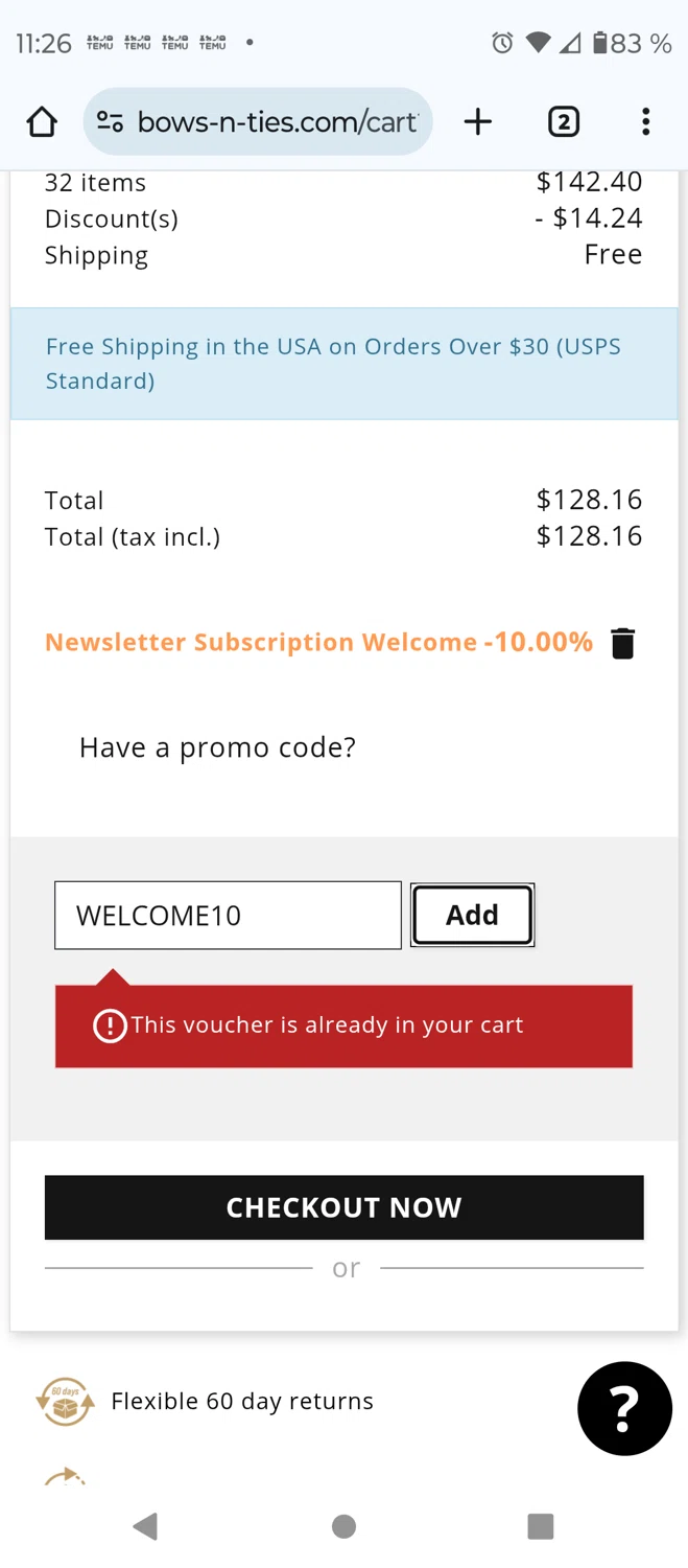 Bows-N-Ties promo code screenshot showing code WELCOME10 applied at Bows-N-Ties checkout page. Uploaded by SimplyCodes community member MightyTracker6651 on May 26, 2025
