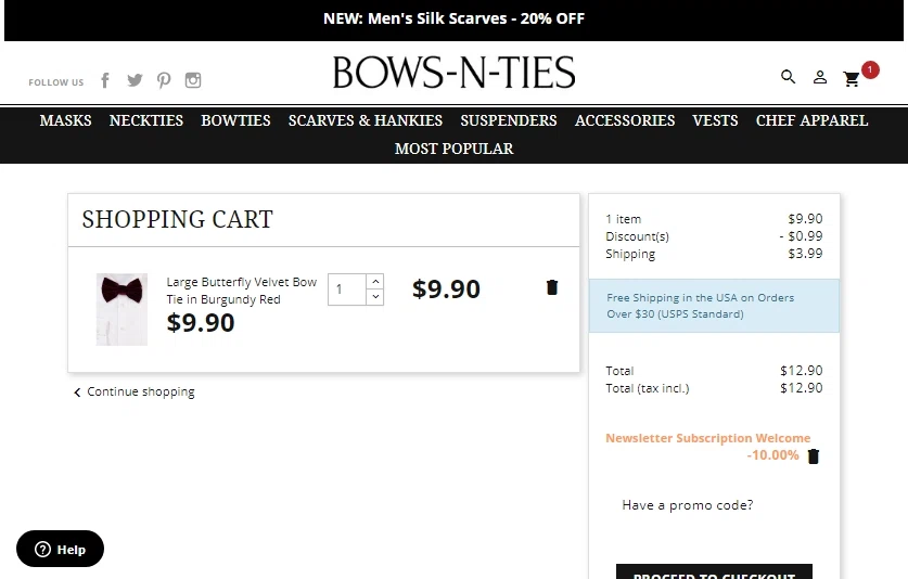 Bows-N-Ties checkout page showing Bows-N-Ties promo code box | Screenshot taken by SimplyCodes community member on Oct 25, 2022