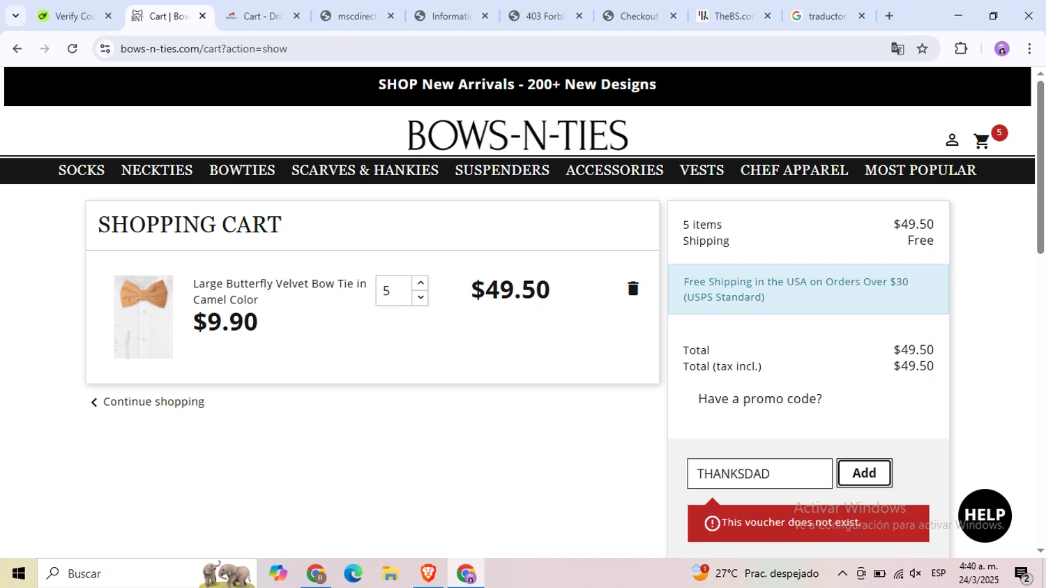 Bows-N-Ties promo code screenshot showing code THANKSDAD applied at Bows-N-Ties checkout page. Uploaded by SimplyCodes community member Alkelino74 on Mar 24, 2025