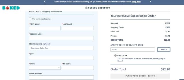 Boxed checkout page showing Boxed promo code box | Screenshot taken by SimplyCodes community member on Sep 23, 2022