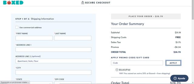 Boxed checkout page showing Boxed promo code box | Screenshot taken by SimplyCodes community member on Oct 7, 2022