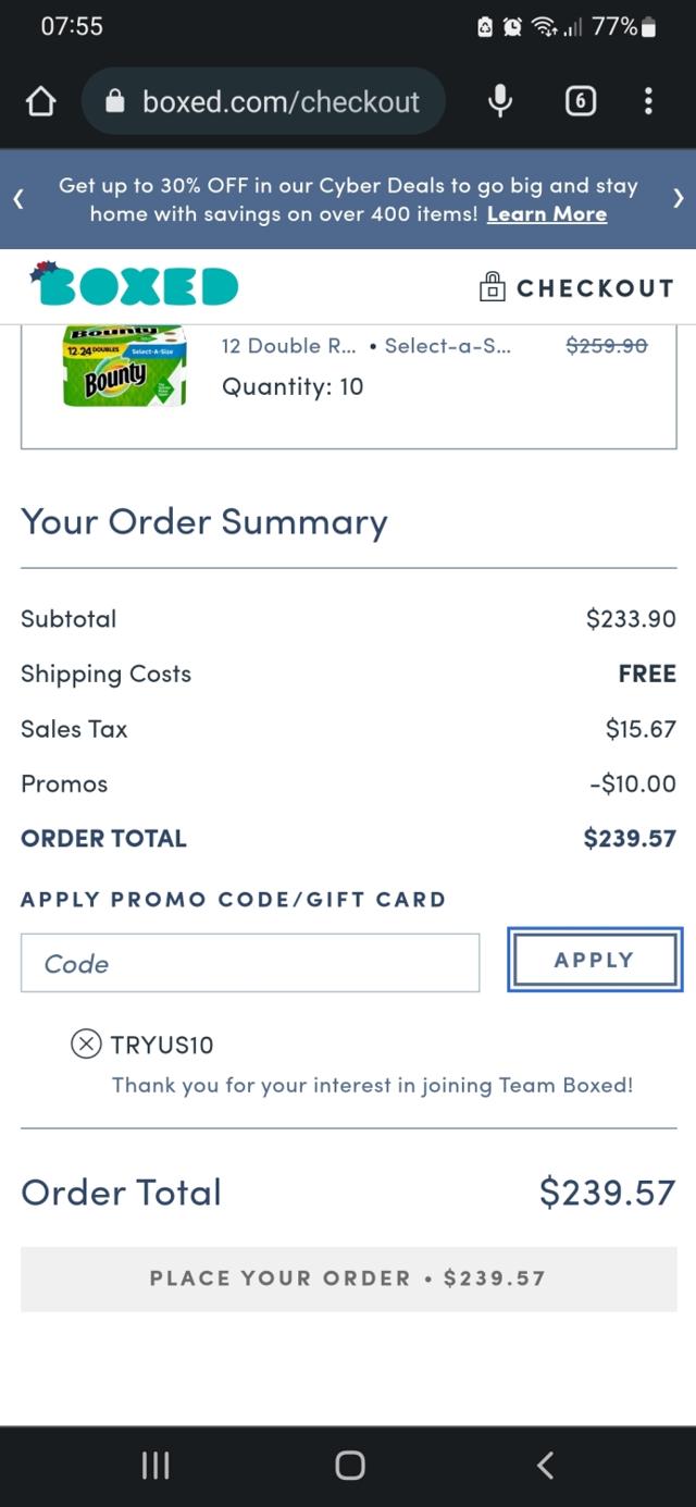 Boxed checkout page showing Boxed promo code box | Screenshot taken by SimplyCodes community member on Dec 4, 2022