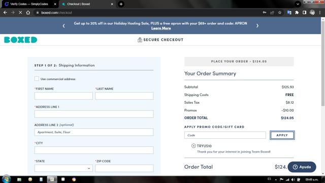 Boxed checkout page showing Boxed promo code box | Screenshot taken by SimplyCodes community member on Nov 5, 2022