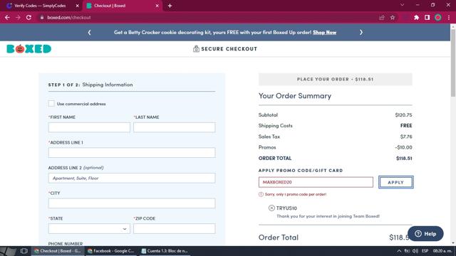 Boxed checkout page showing Boxed promo code box | Screenshot taken by SimplyCodes community member on Sep 20, 2022