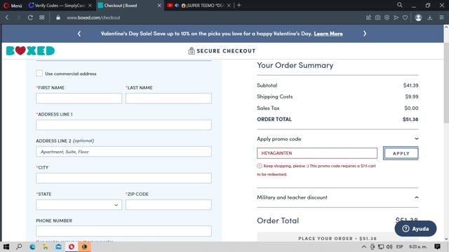 Boxed checkout page showing Boxed promo code box | Screenshot taken by SimplyCodes community member on Jan 31, 2023