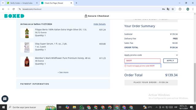 Boxed checkout page showing Boxed promo code box | Screenshot taken by SimplyCodes community member on Nov 19, 2024