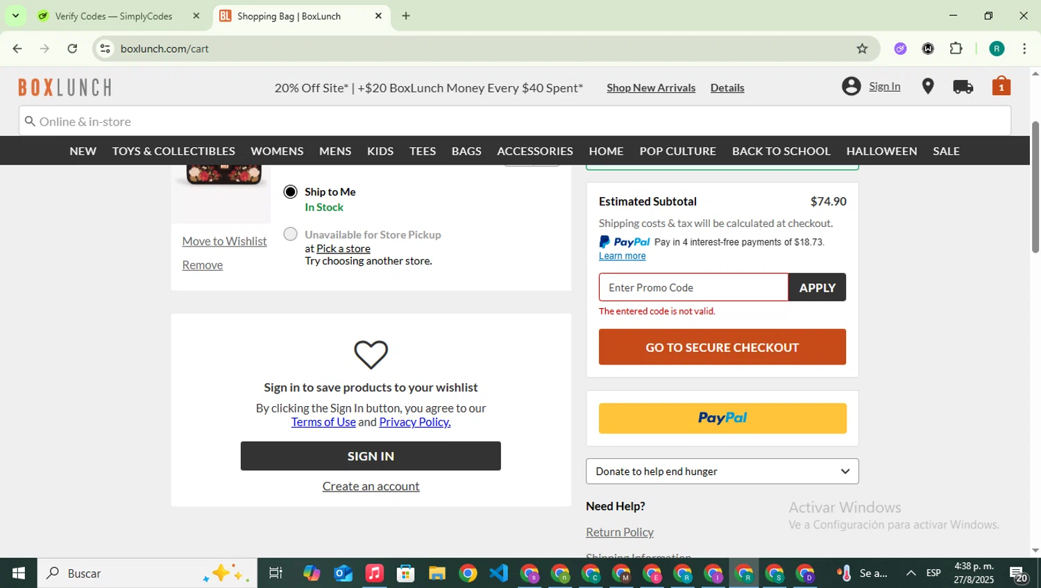 BoxLunch promo code screenshot showing code BLGIFTS applied at BoxLunch checkout page. Uploaded by SimplyCodes community member SavingsLegend387 on Aug 27, 2025