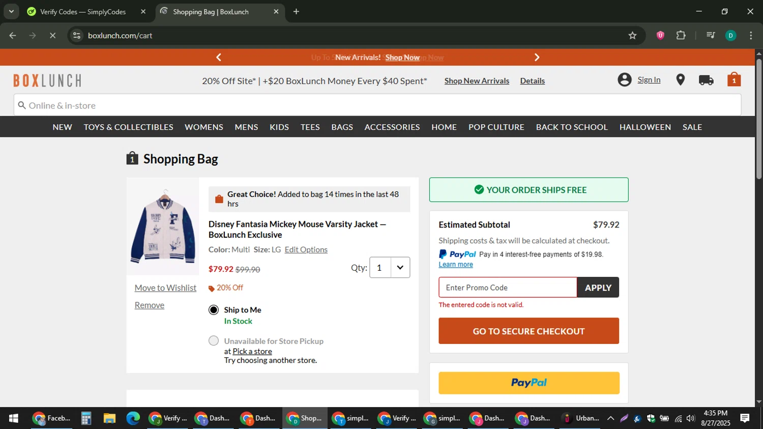 BoxLunch promo code screenshot showing code BLGIFTS applied at BoxLunch checkout page. Uploaded by SimplyCodes community member ThriftyLion6776 on Aug 27, 2025