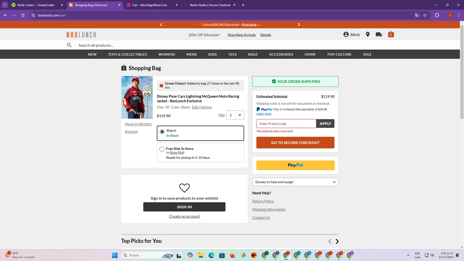 BoxLunch promo code screenshot showing code Q3BB applied at BoxLunch checkout page. Uploaded by SimplyCodes community member SalvadorC on Dec 27, 2024