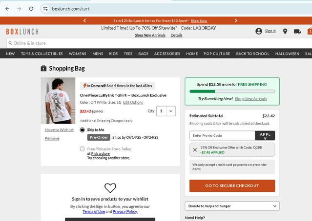 BoxLunch checkout page showing BoxLunch promo code box | Screenshot taken by SimplyCodes community member on Aug 29, 2025