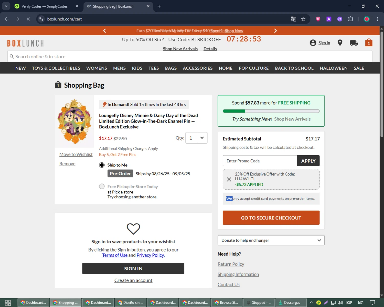 BoxLunch promo code screenshot showing code H14AVHGI applied at BoxLunch checkout page. Uploaded by SimplyCodes community member Joseph_Davis on Jul 27, 2025