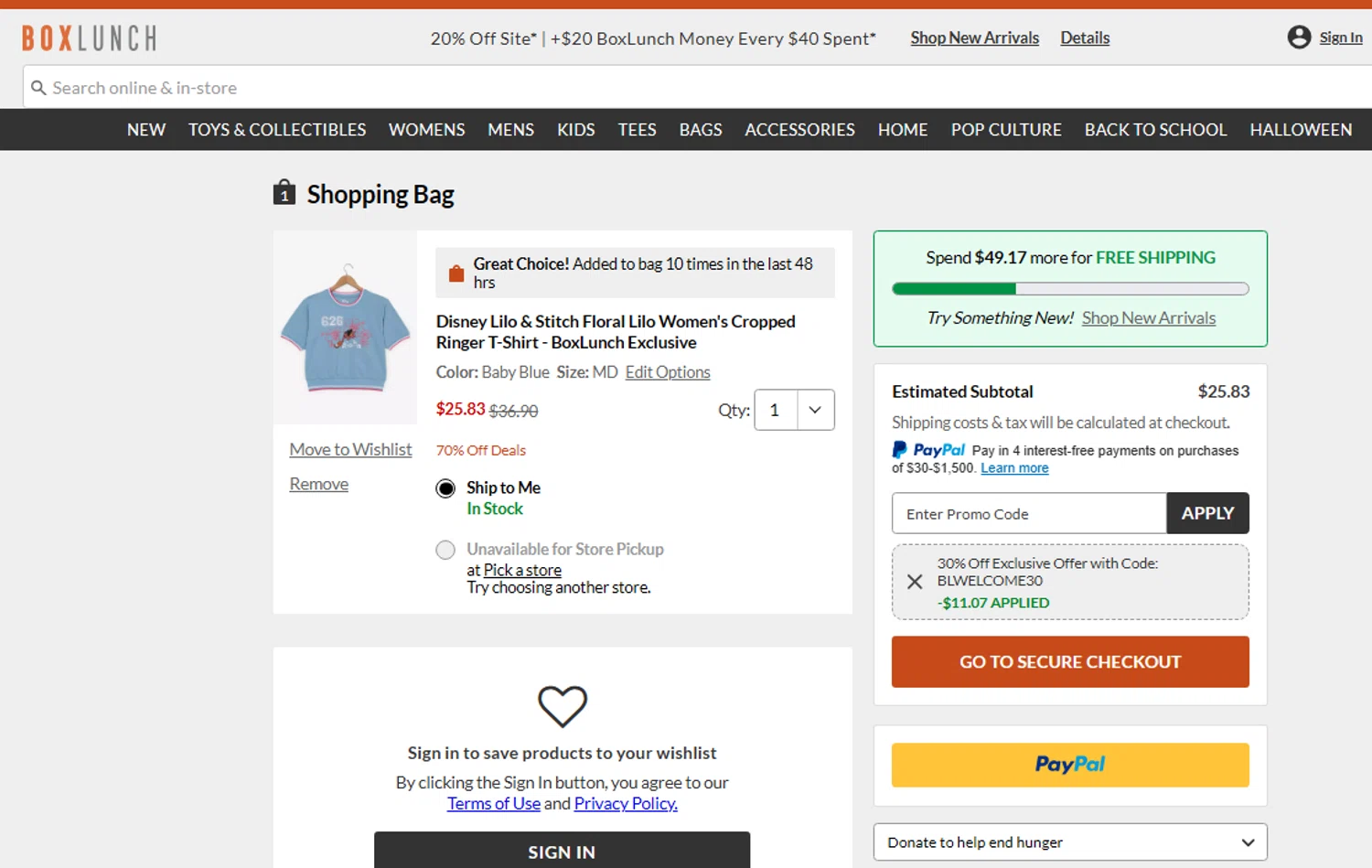 BoxLunch promo code screenshot showing code BLWELCOME30 applied at BoxLunch checkout page. Uploaded by SimplyCodes community member Arsenelupin on Aug 25, 2025