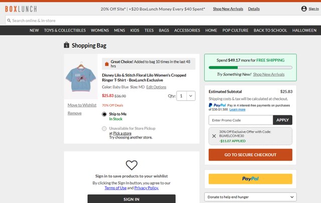 BoxLunch checkout page showing BoxLunch promo code box | Screenshot taken by SimplyCodes community member on Aug 25, 2025