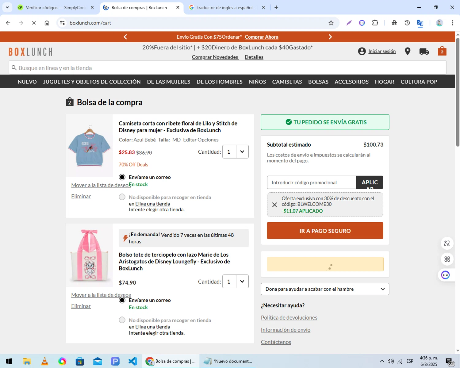 BoxLunch promo code screenshot showing code BLWELCOME30 applied at BoxLunch checkout page. Uploaded by SimplyCodes community member Emi_Sibada on Aug 6, 2025