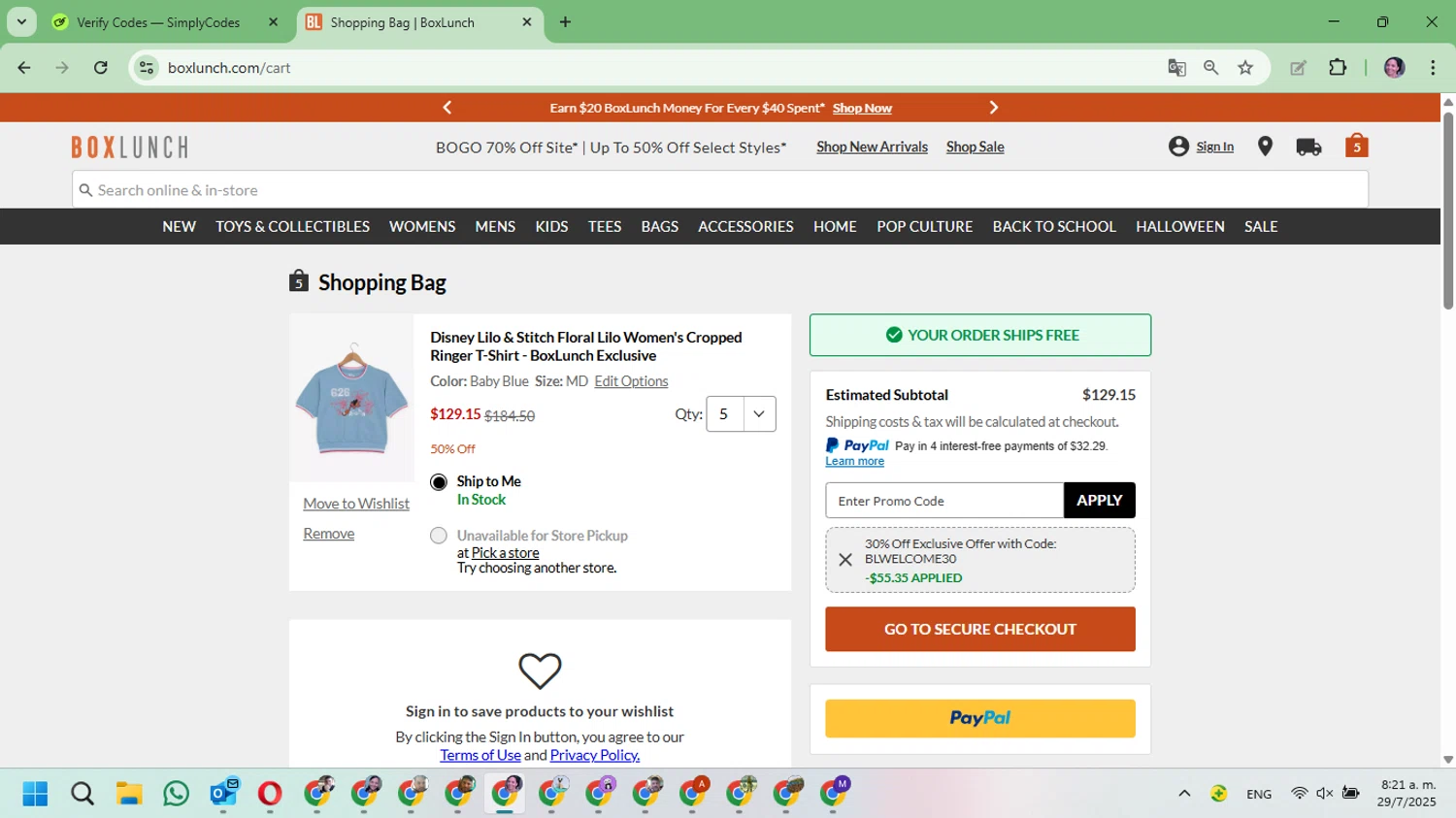BoxLunch promo code screenshot showing code BLWELCOME30 applied at BoxLunch checkout page. Uploaded by SimplyCodes community member Mari_perez on Jul 29, 2025