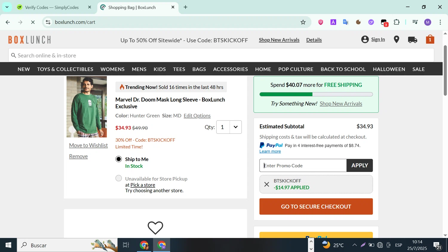 BoxLunch promo code screenshot showing code BTSKICKOFF applied at BoxLunch checkout page. Uploaded by SimplyCodes community member ValueLion1621 on Jul 25, 2025