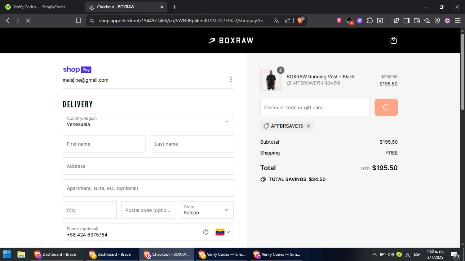 Boxraw discount code screenshot showing code AFFBRSAVE15 applied at Boxraw checkout page. Uploaded by SimplyCodes community member RebateCaptain6440 on Jul 3, 2025