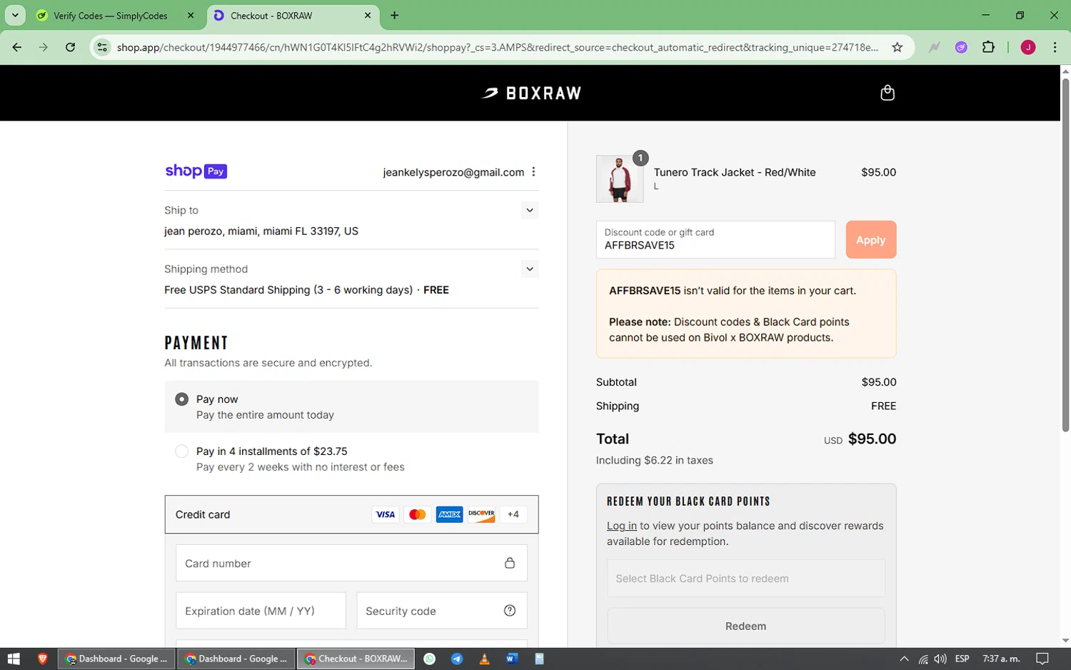 Boxraw discount code screenshot showing code AFFBRSAVE15 applied at Boxraw checkout page. Uploaded by SimplyCodes community member joaojesus on Jul 31, 2025