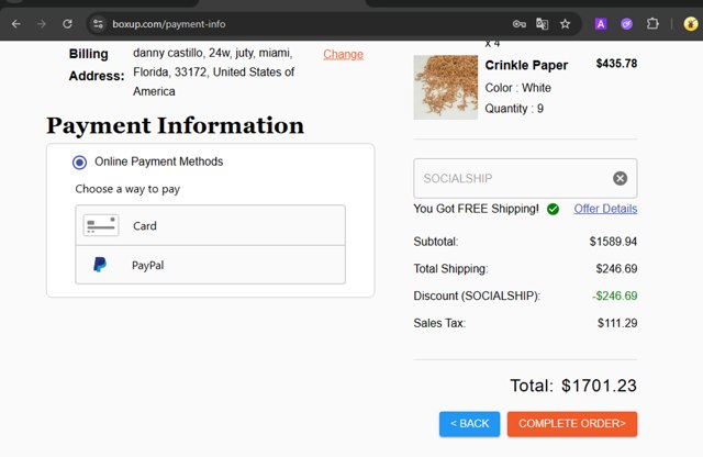 BOXUP checkout page showing BOXUP promo code box | Screenshot taken by SimplyCodes community member on Aug 29, 2025