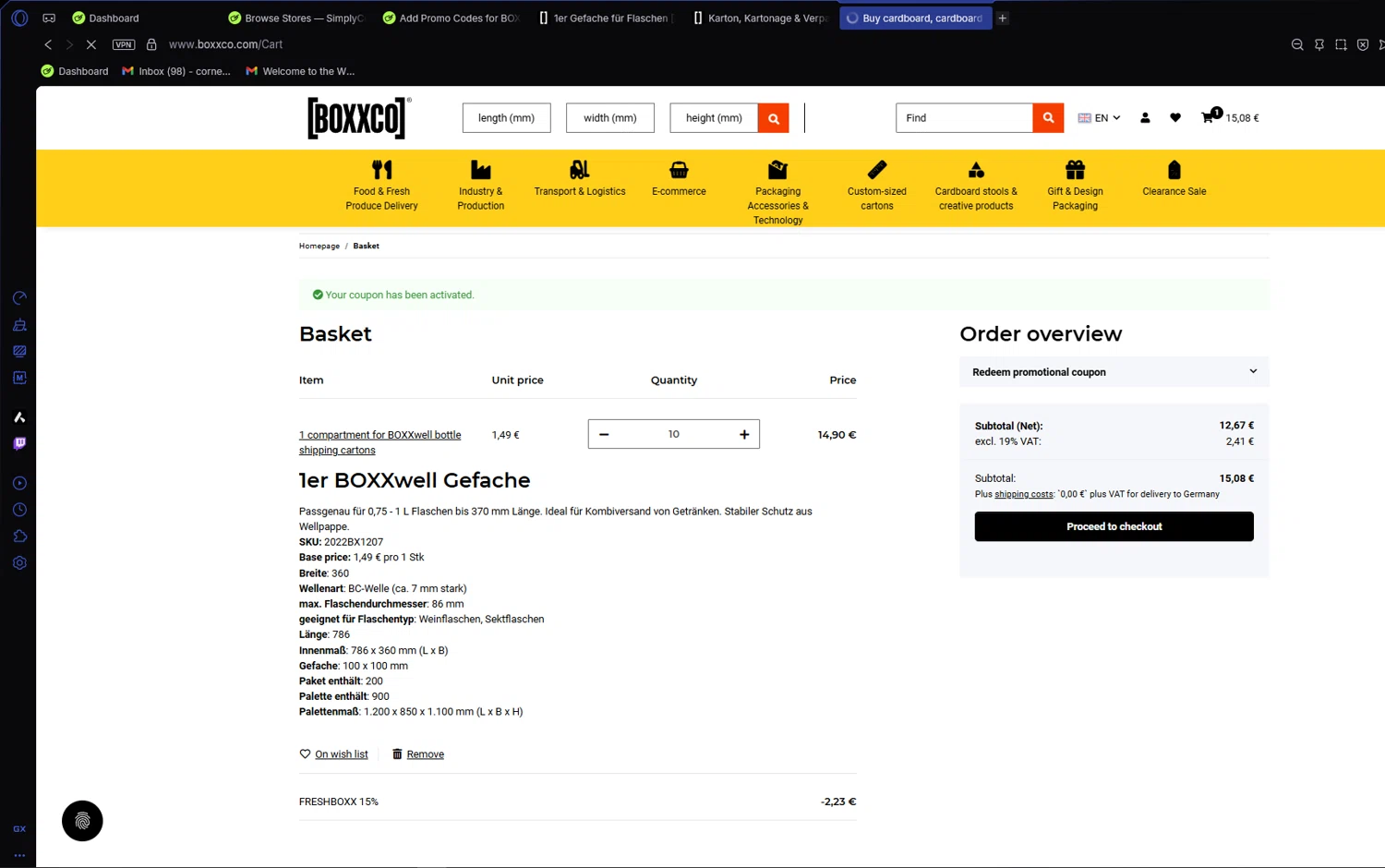 BOXXCO.com promo code screenshot showing code FRESHBOXX applied at BOXXCO.com checkout page. Uploaded by SimplyCodes community member VictoriousCaptain3902 on May 20, 2026