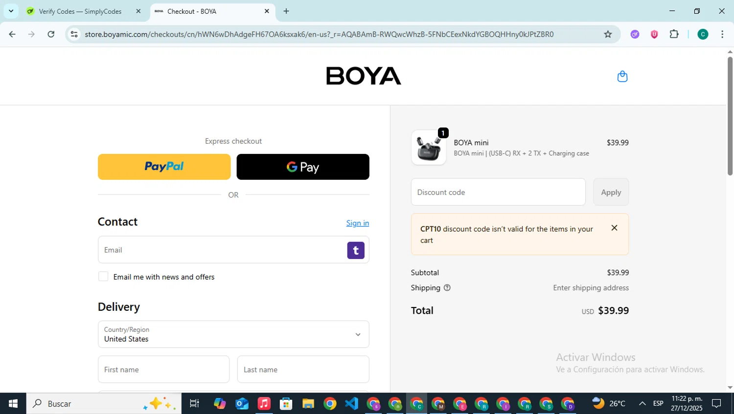 Boya discount code screenshot showing code CPT10 applied at Boya checkout page. Uploaded by SimplyCodes community member BonusPilot927 on Dec 28, 2025