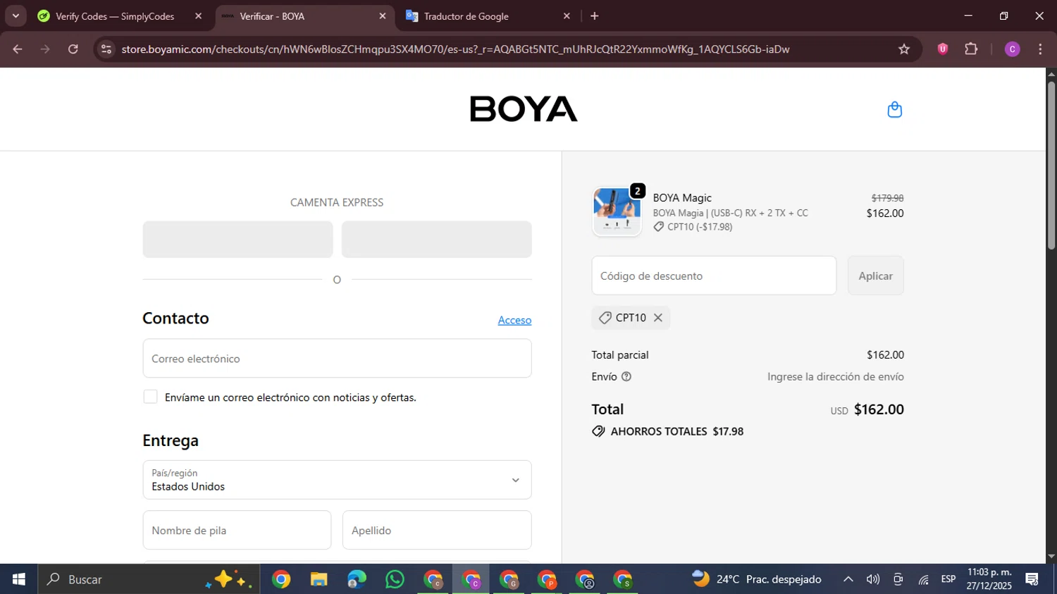Boya discount code screenshot showing code CPT10 applied at Boya checkout page. Uploaded by SimplyCodes community member FrugalPro5078 on Dec 28, 2025